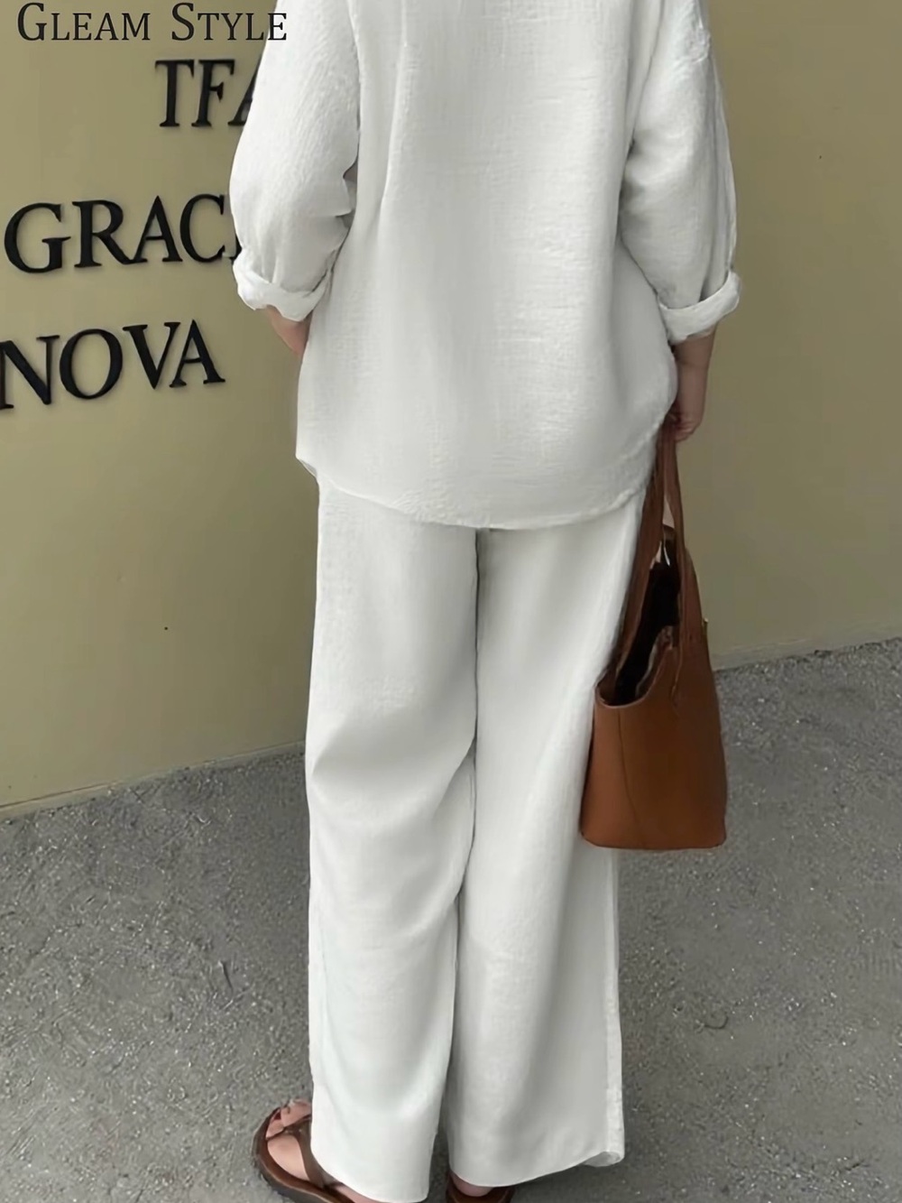Elegant Minimalist Casual Wide-Leg Pants + Button Shirt - White New Boutique - Picture 6 of 6
